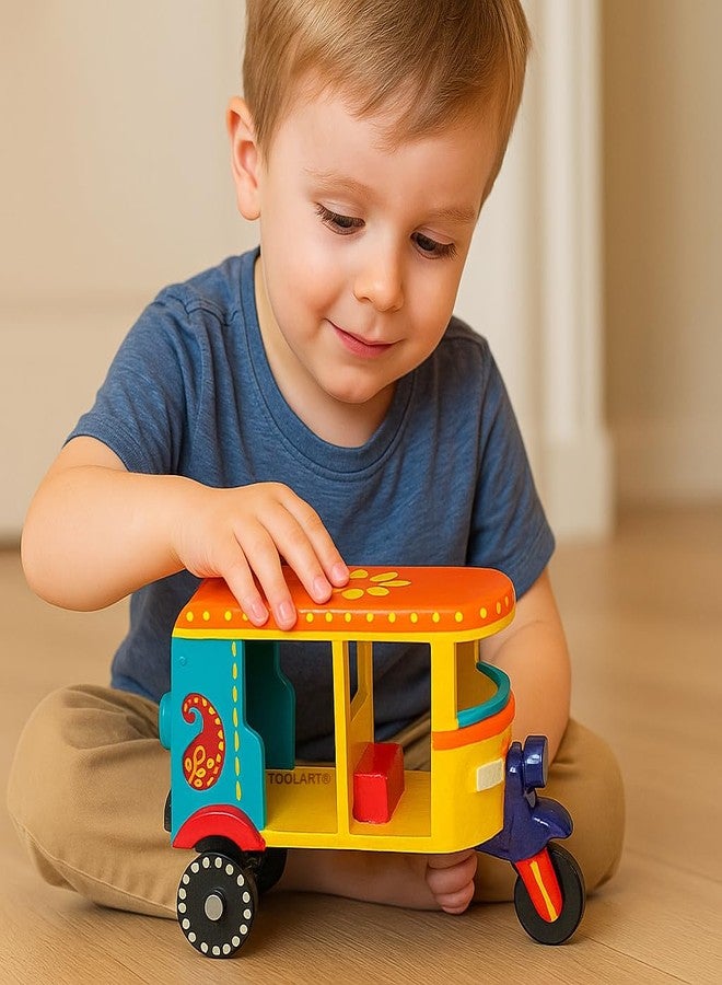 Toolart® Wooden Handcrafted Hand-Painted Auto Rickshaw Toy for Kids | Traditional Push & Pull Wooden Toy Showpiece | Best Birthday Return Gift (Small_Auto_Parent) (01) - Image 2